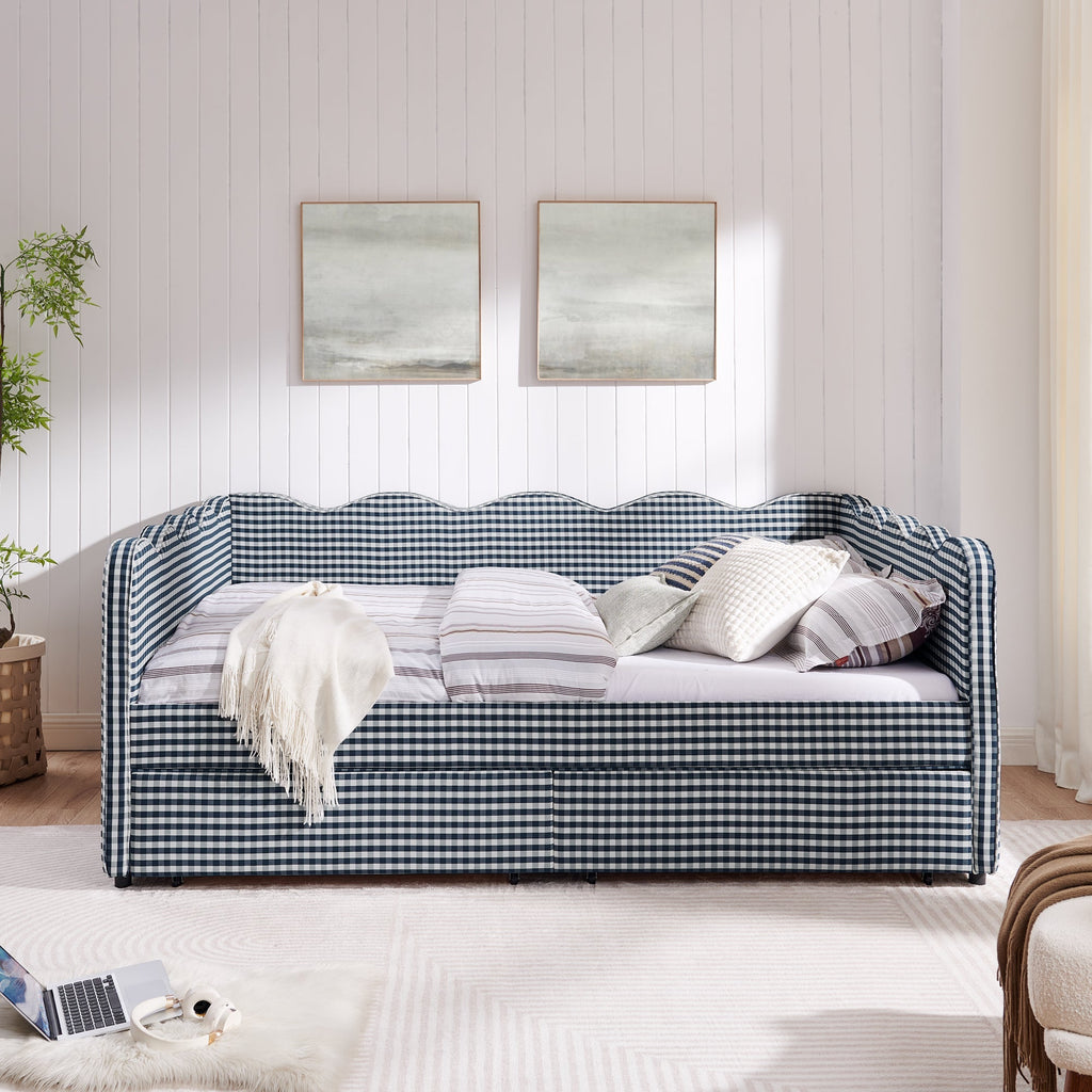 Queen Size Cozy Gingham Daybed with Two Storage Drawers and USB Port