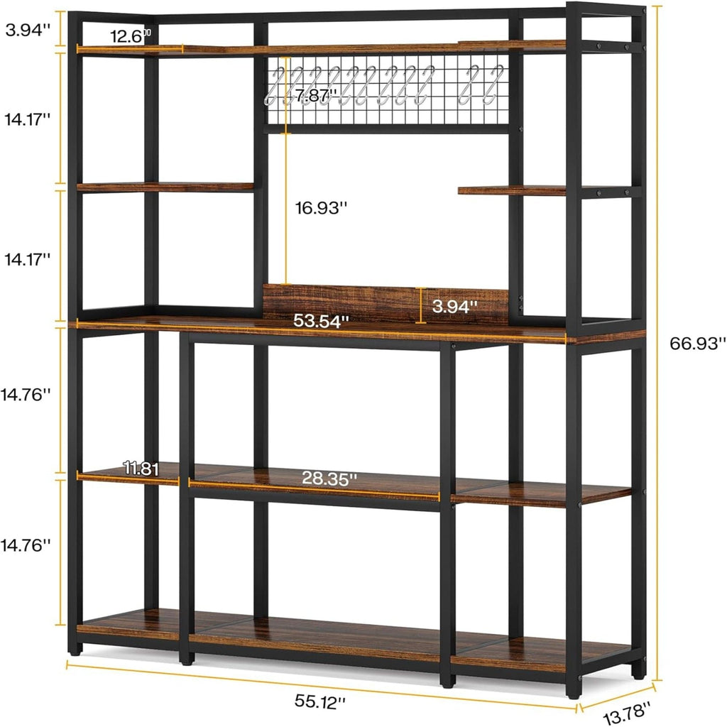 Baker's Rack With Hutch, 5 Tier Kitchen Storage Shelf, Freestanding Utility Pantry Organizer With Hooks And Microwave Stand - Black