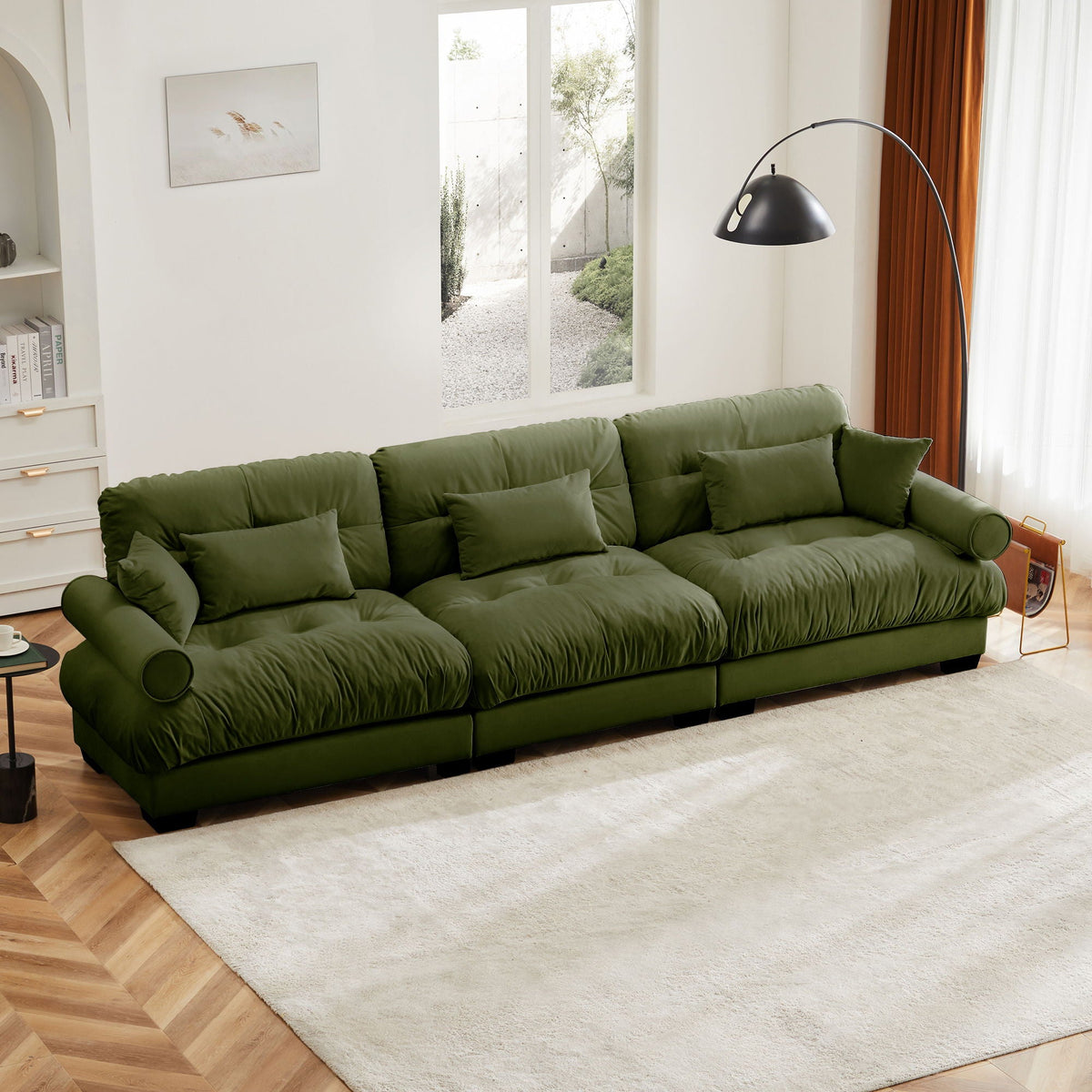 Modern Sofa With Bolstered Armrests And Pillows