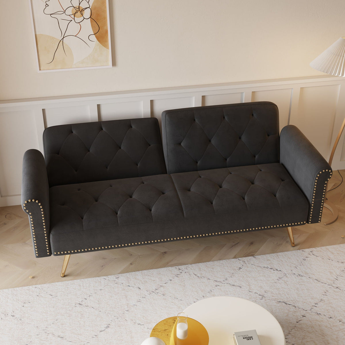 Luxurious Sofa Bed With Nail Head Trim And Matching Pillow