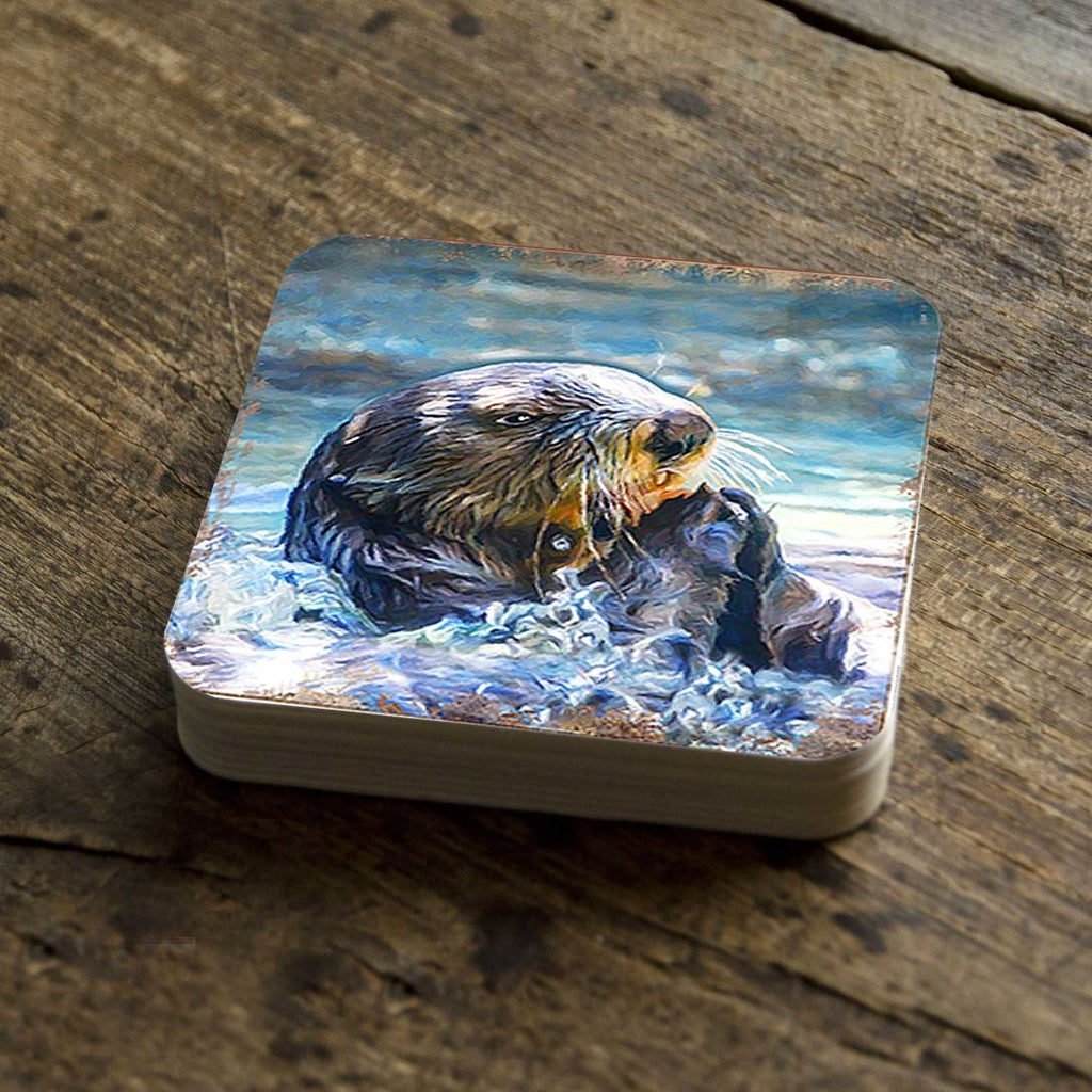 Otter Coastal Wooden Cork Coasters Gift Set of 4 by Nature Wonders - Coastal Sea-Life Decor - 95239C-S4
