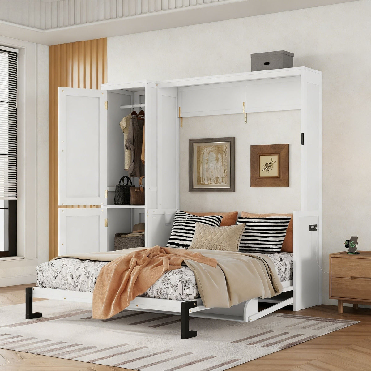 Queen Size Murphy Bed With Wardrobe, Space-Saving Hidden Wall Bed With Desk And Charging Station - White