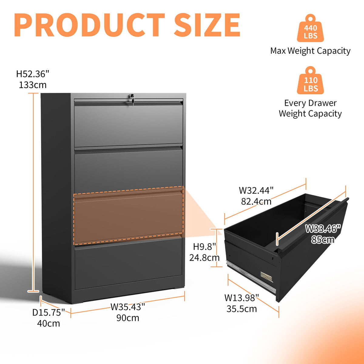 Lateral File Cabinet, Heavy Duty Filing Holds Letter/Legal/A4 Files
