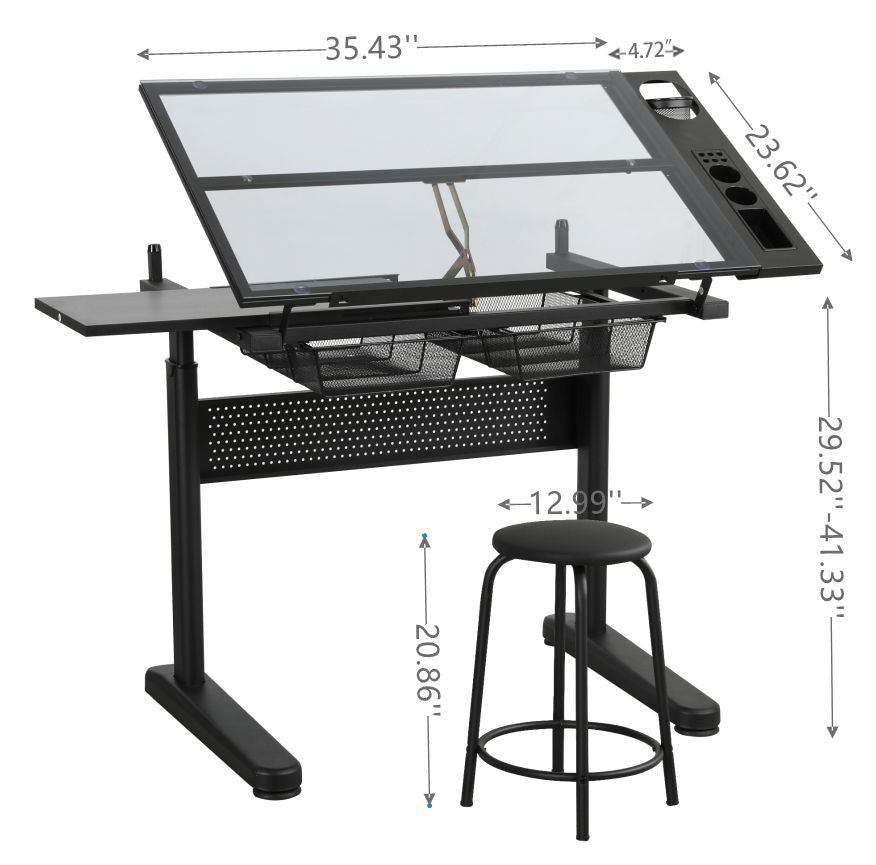 Hand Crank Adjustable Drafting Table Drawing Desk With 2 Metal Drawers With Stool