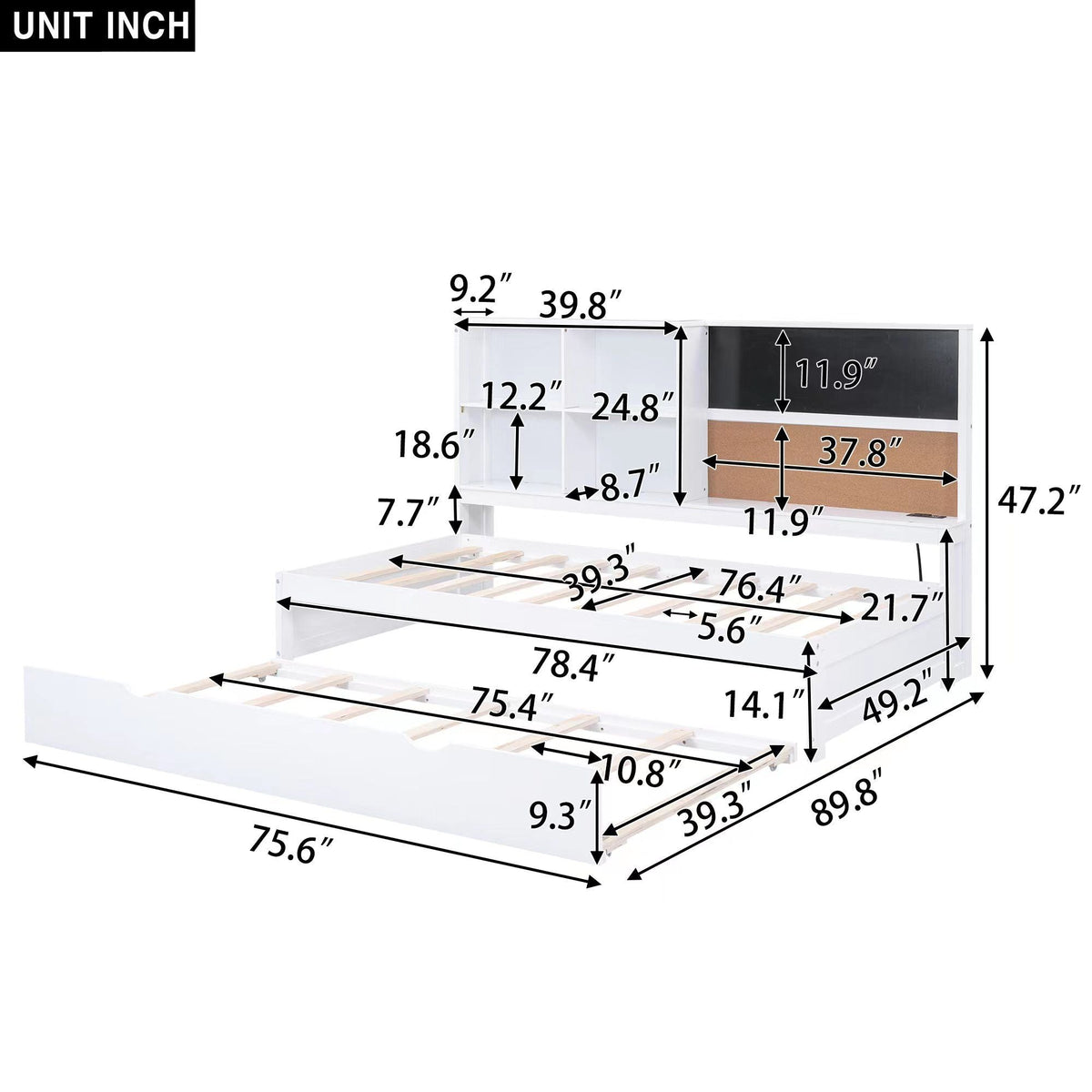 Twin Size Daybed With Storage Shelvesboard, Cork Board, USB Ports And Trundle - White