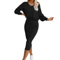 Women's 2-Piece Sweatshirt & Midi Dress Set – Long Sleeve V-Neck Top + Sleeveless Dress