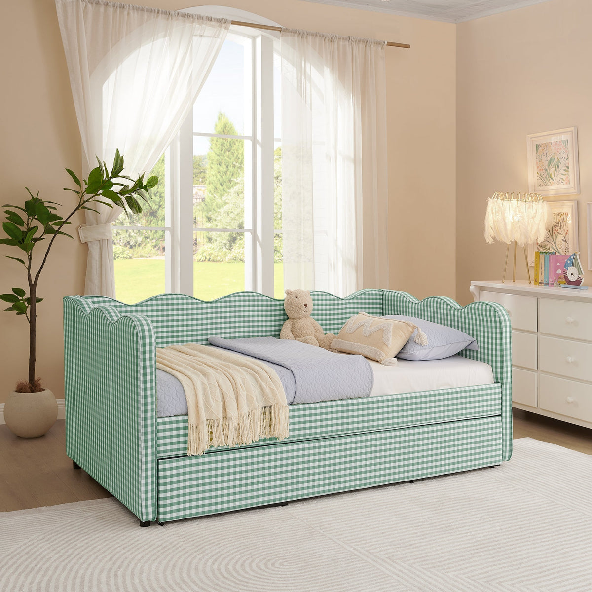 Cozy Gingham Daybed with Trundle Twin Size Sofa Bed No Box Spring Needed