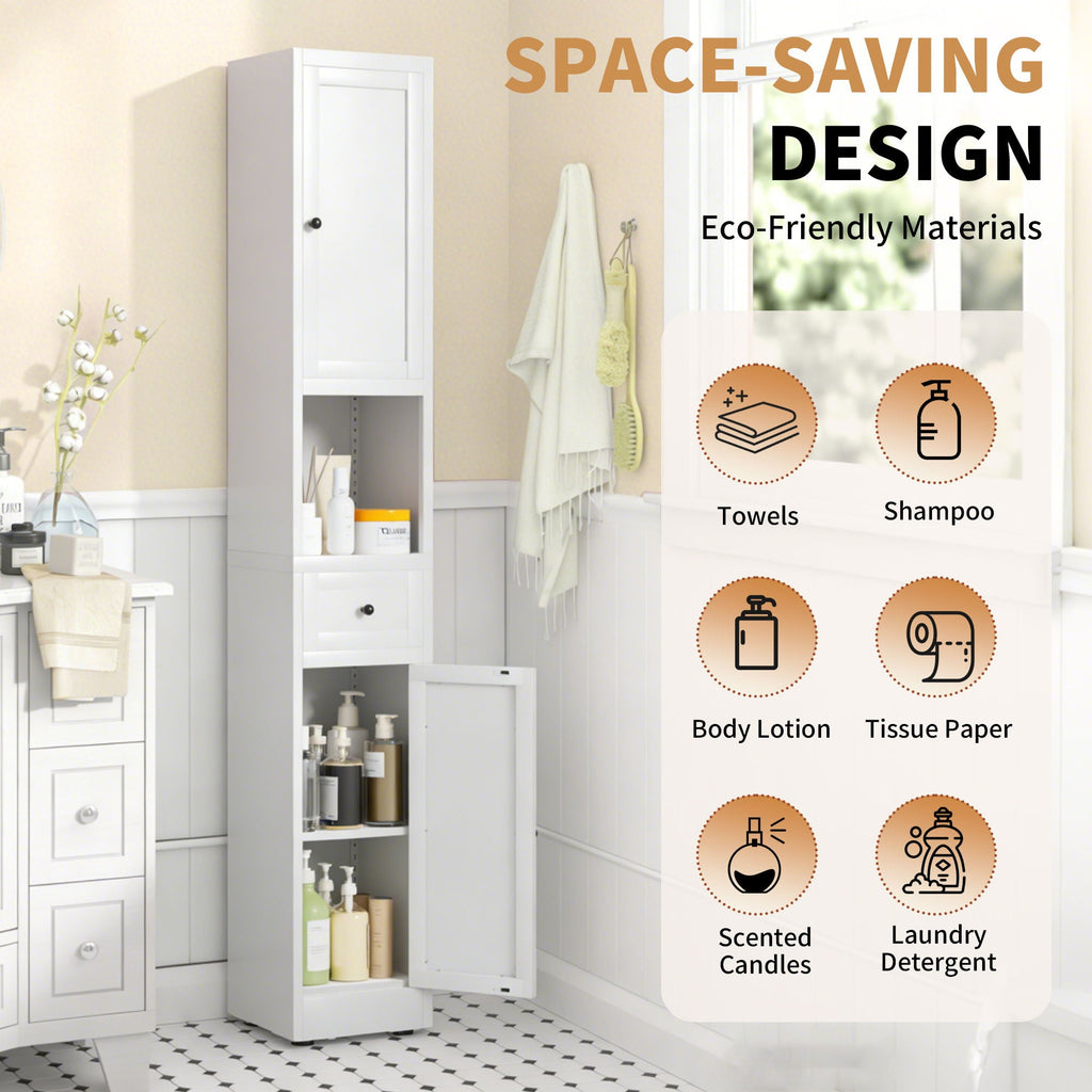Tall Narrow Bathroom Cabinet With 5-Tier Storage, Adjustable Shelves, Freestanding - White