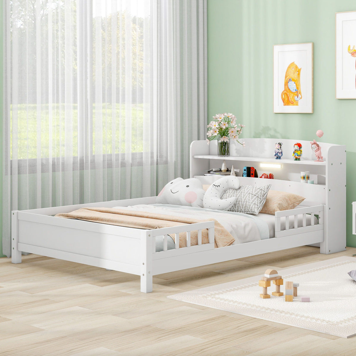 Wood Platform Bed With Built In LED Light, Storage Headboard And Guardrail