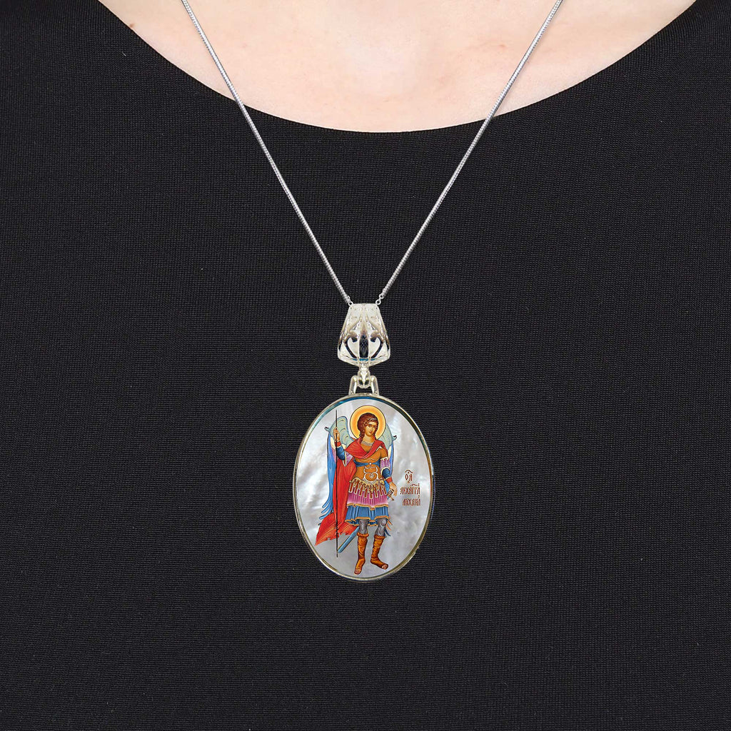 Saint Michael the Archangel Silver Plated Mother of Pearl Necklace - 43022