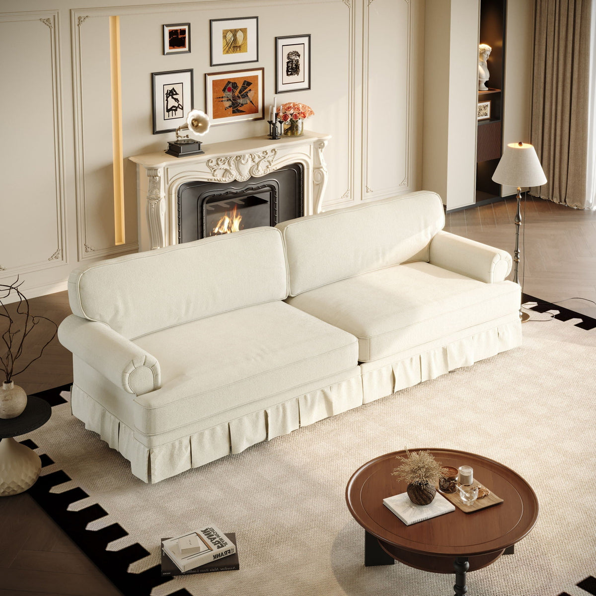 Luxuriously Comfortable Cloud Couch Sofa With Elegant Rolled Arms & Pleated Skirt Design