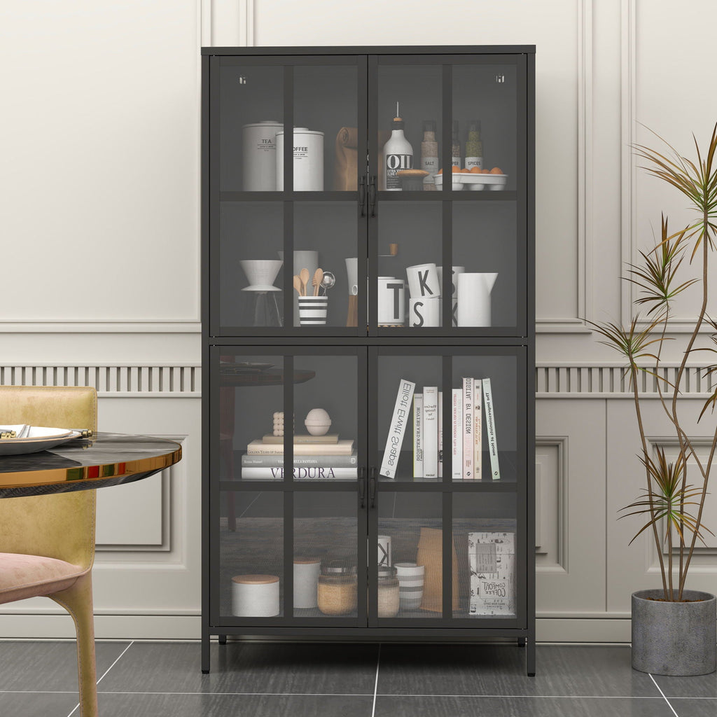 Premium Metal Storage Cabinet With Tempered Glass Doors, Adjustable Shelves, And Anti Tipping Device - Black