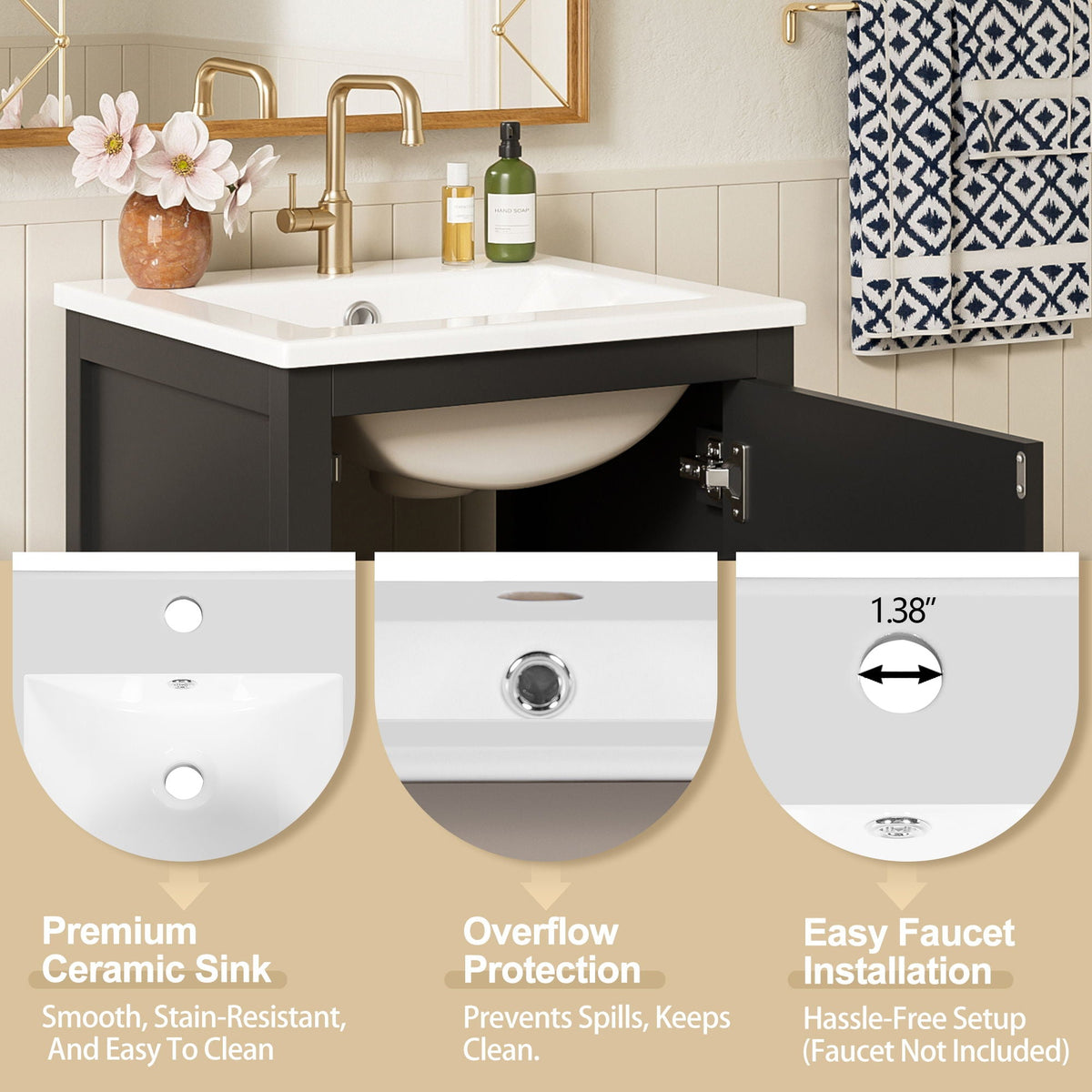 Bathroom Vanity With Ceramic Sink, Soft Close Drawers, Door Organizer, Divider Drawer, Adjustable Foot Pads
