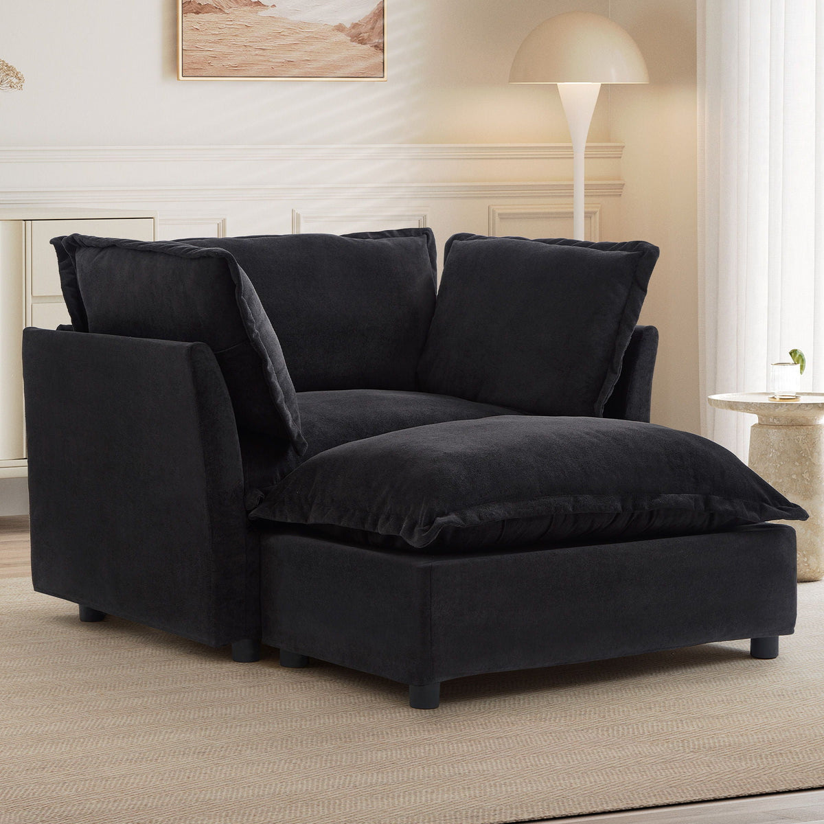 Modern Cozy Upholstered Armchair Sofa With Movable Ottoman