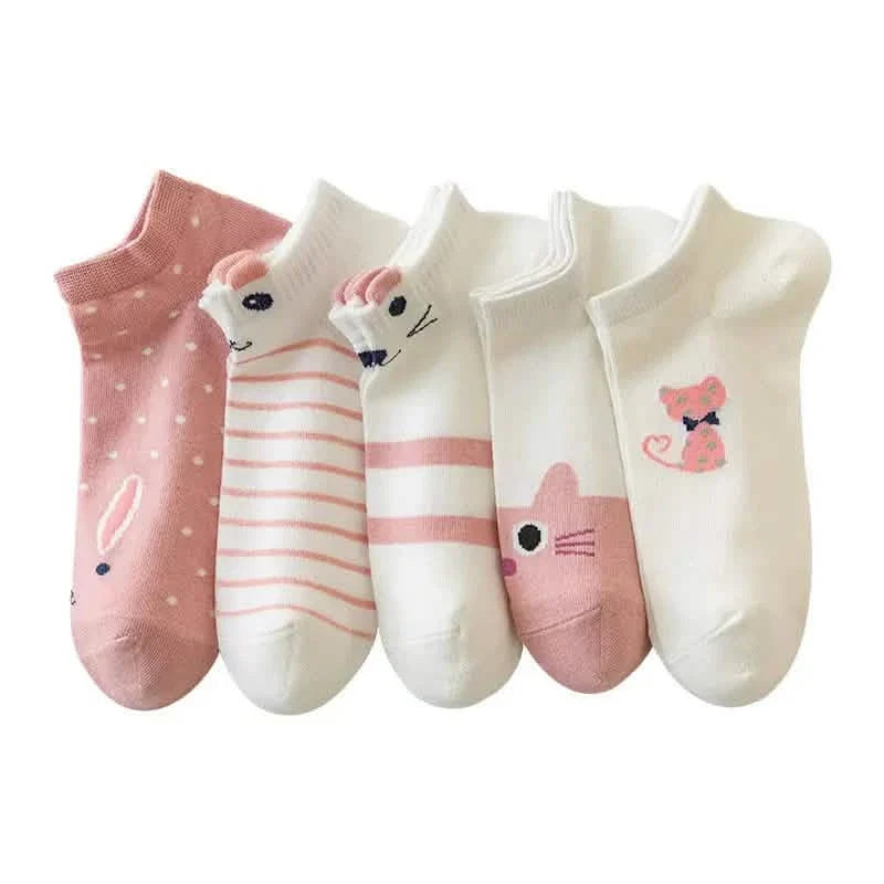 5-Pairs: Pink Kitty Crew Socks
