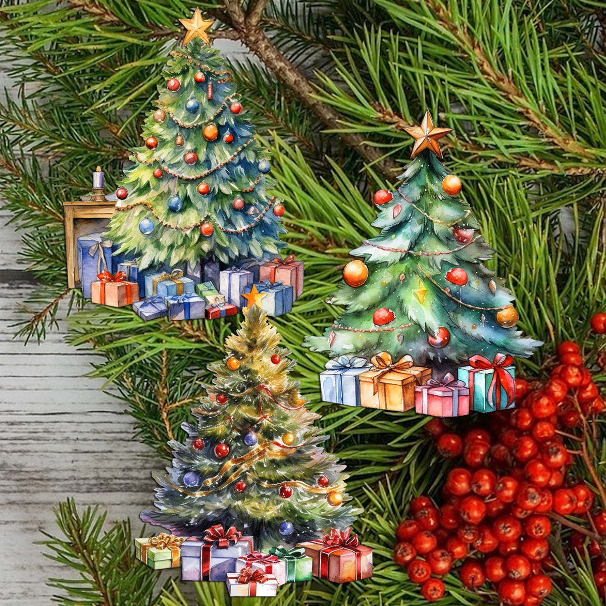 Christmas Tree Clip-On Eco Wood Decorative Ornaments Set of 3 by G. Debrekht - Christmas Decor - 8091044C-S3