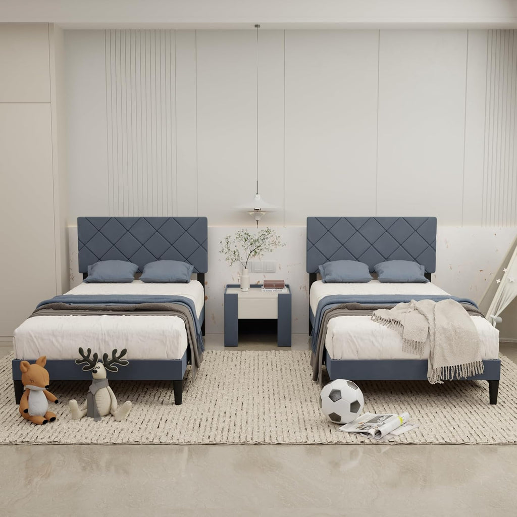 Twin Bed Frames with Adjustable Headboard, Velvet Upholstered Platform Bed, Twin Size Bed Frames with Strong Metal Slat Support,Mattress Foundation, No Box Spring Needed,Easy Assembly Gary