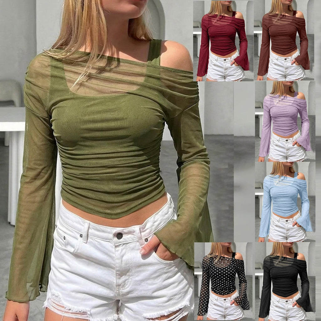 Mesh-Neck Pleated Long-Sleeve T-Shirt Top