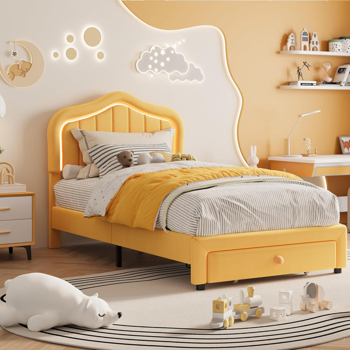 Twin Upholstered Bed Frame with Storage Drawer and Smart Led Headboard, Twin Size Platform Bed Frames for Kids, Wooden Slats Support, No Box Spring Needed, Easy Assembly, Yellow