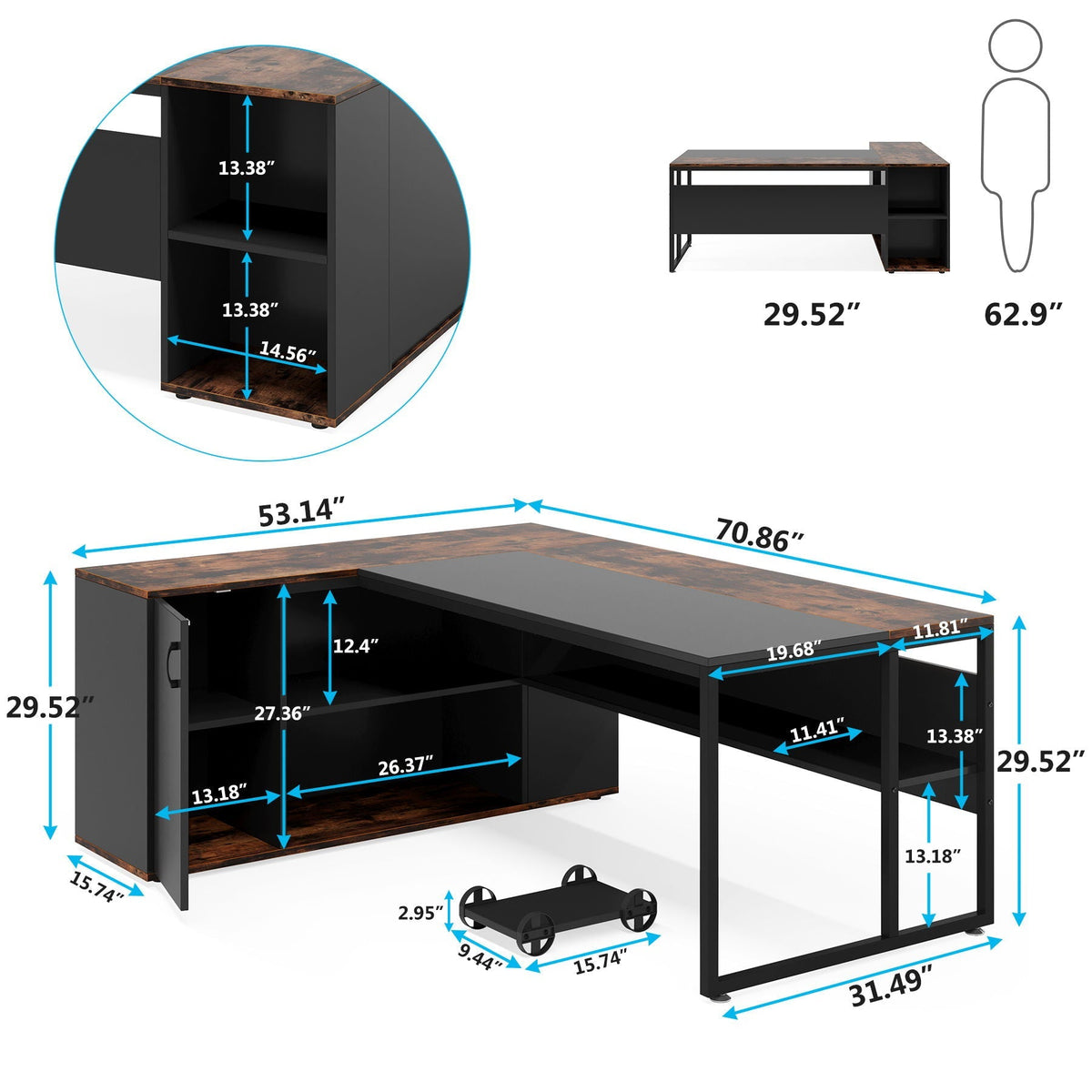 L-Shaped Executive Desk With Storage Cabinet & Shelves, Home Office Workstation With Cpu Stand And Printer Station - Brown / Black