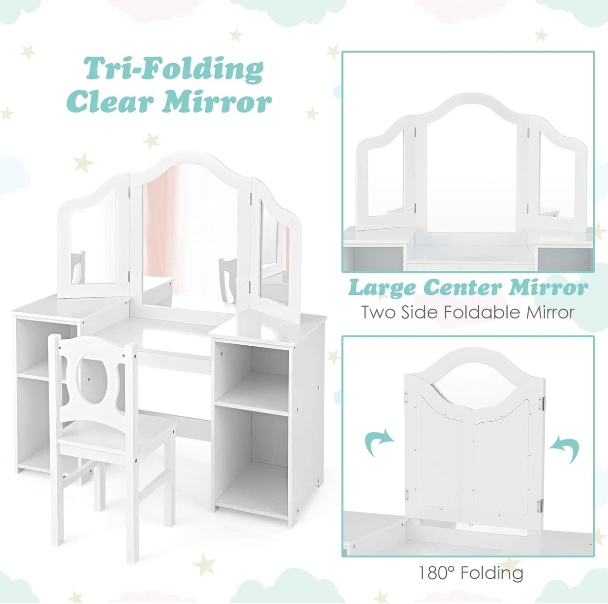 Kids Vanity, 2 in 1 Princess Makeup Desk & Chair Set with Tri-Folding Detachable Mirror, Large Storage Shelves, Wooden Pretend Play Dressing Table for Girls