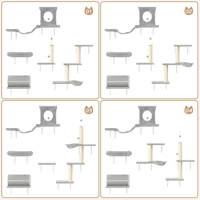 NUNU LAB 7-in-1 Wall Mounted Cat Climber Set, Cat Furniture Set with House, Tunnel, Bridge, Tree, Steps, Scratcher Board, Hammock, Luxury Wall Shelves for Indoor, Gray