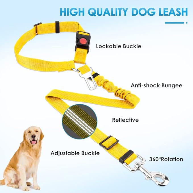 SlowTon Dog Seat Belt for Car, 2 Pack Dog Car Harness Seatbelt Adjustable with Elastic Bungee Buffer, 2 in 1 Pet Car Leash Headrest Restraint Dog Reflective Safety Tether (Yellow, Headrest+Clip)
