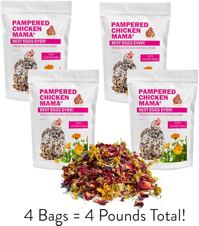 Pampered Chicken Mama Best Eggs Ever! Nesting Herbs for Chickens (4 Pounds) for Chicken Nesting Boxes Calcium Supplement for Chickens | Chicken Feed Supplies, Hen Treats for Coops (4 Bags)