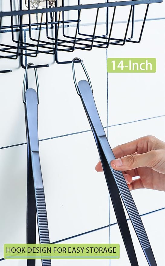 JETKONG 2 Pcs 14-Inch Cooking Tweezer Tongs Extra- Long Stainless Steel Kitchen Tweezers Plating Tongs (Navy Blue)