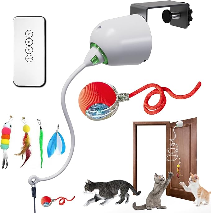 Cat Toys Hanging Door Electric and Moving Ball, Cats Toy Interactive for Indoor for Bored Feather Toys Kitten Rechargeable Door Hanging Automatic Retractable String（White）