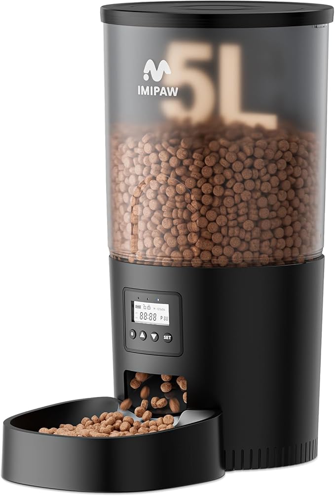 Automatic Cat Feeders, 5L Large Capacity, Timed Feeding Dry Food, Dual Power Design, Programmable Portion Size, 1-6 Meals Per Day, with Desiccant, Suitable for Small Pets Food Dispenser, Black