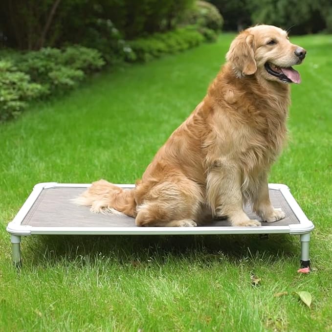 Veehoo Chew Proof Elevated Dog Bed - Cooling Raised Pet Cot - Silver Aluminum Frame and Durable Textilene Mesh Fabric, Unique Designed No-Slip Feet for Indoor or Outdoor Use, Beige Coffee, Large