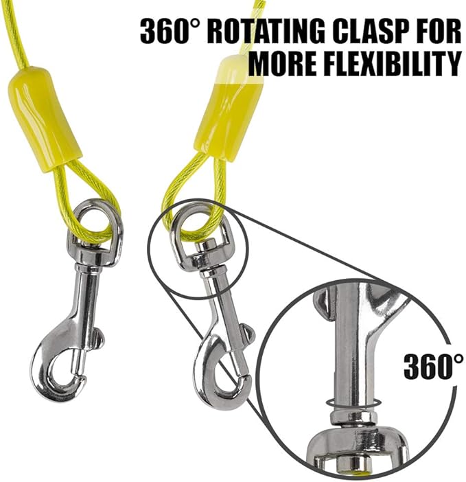 BV Dog Tie Out Cable 25 Feet - Heavy Duty Dog Lead Up to 35 Pounds - Reflective & Rust-Free with Quick Release Swivel Clips & 360° Rotating Clasp - Tangle-Free Dogs Runner for Yard (Yellow, Single)