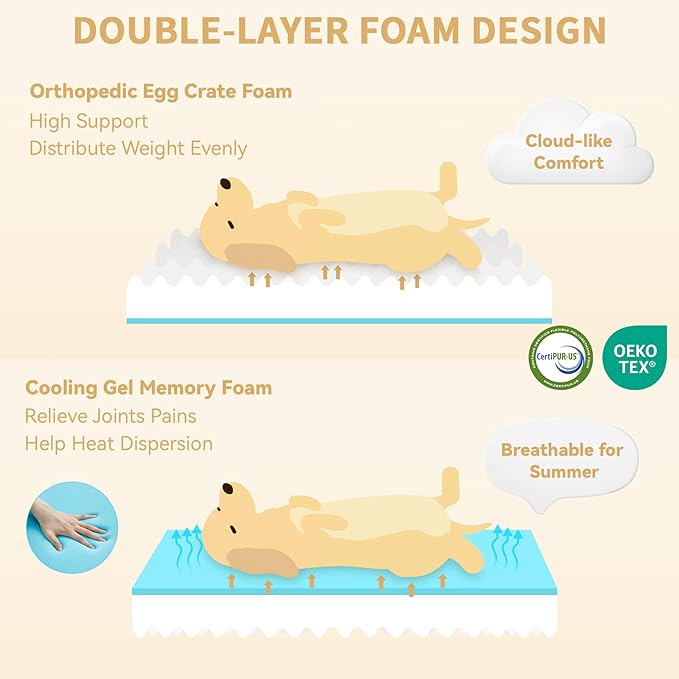 Orthopedic Dog Beds, Waterproof Memory Foam Large Sized Dog Beds with Sides, Non-Slip Bottom and Egg-Crate Foam Big Dogs Beds with Removable Washable Cover(Large,Light Grey)