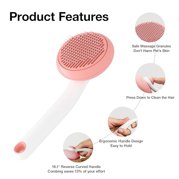 Pet Grooming Self-Cleaning Slicker Brush for Cats & Dogs, Effortlessly Removes Tangles, Loose Undercoat and Mats (Pink, 2 Pack)