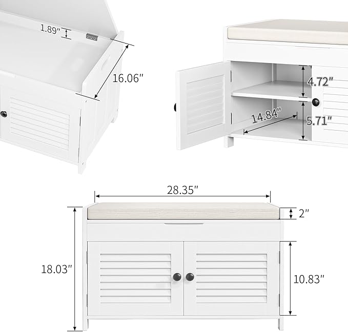 Shoe Storage Bench with Lift Top Storage, Entryway Bench with Cushioned Seat, Adjustable Shelf, 2 Tier Shoe Rack with Doors for Entryway, Bedroom, Hallway, Mudroom, White