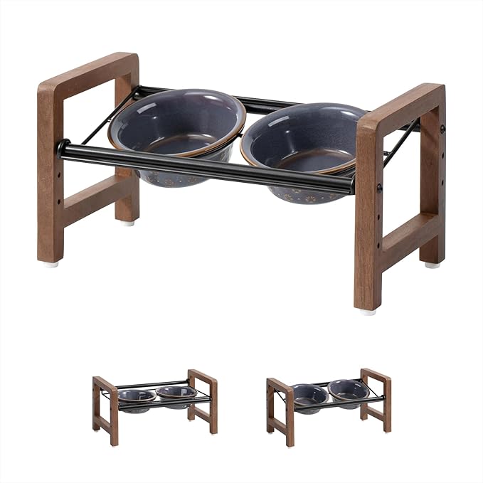 6.3inch Ceramic Adjustable Raised Double Bowls Set with Stand, 3 Heights Elevated, 2 Placement Options,Food and Water Bowls for Adult Cat Small and Medium Dog(Reactived Glaze -Grey)