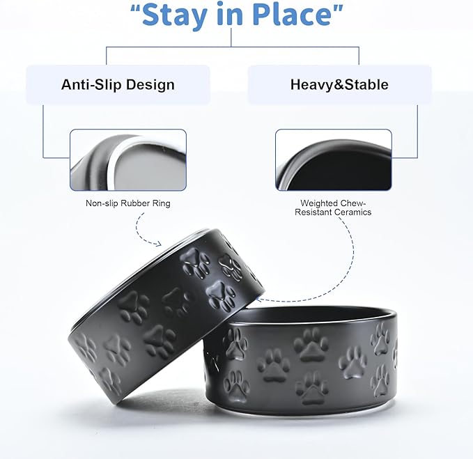 SPUNKYJUNKY Ceramic Dog Bowls 2 Pack, 8.3'' Dog Food Water Double Feeding Bowls Non-Slip for Medium to Large Sized Breed Microwave Dishwasher Safe - 60 OZ, 2pcs, Paw Black