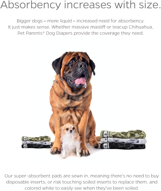 Pet Parents® Washable Dog Diapers (3pack) + Extendrs® of Durable Doggie Diapers, Premium Dog Diapers Female & Male (Medium, Camo)