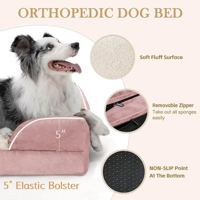 Comfort Expression Waterproof Orthopedic Dog Beds Jumbo Breed, Extra Large Dog Beds, PV Washable Pet Sofa Couch with Removable Cover & Non-Slip Bottom(Pink)