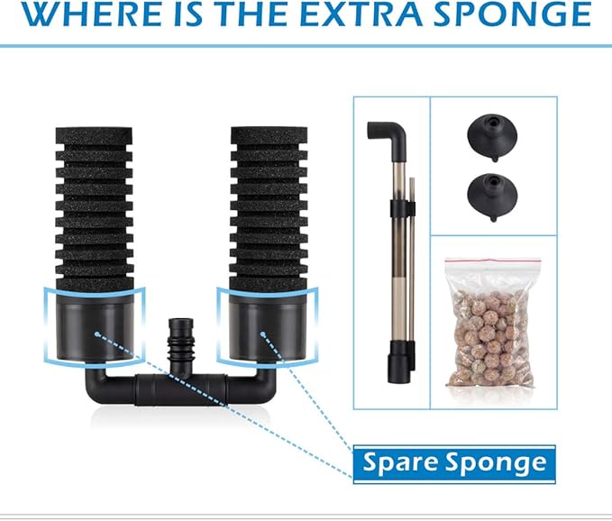 hygger Sponge Filter, Aquarium Filter Double Sponge Replaceable Media with 4 Biochemical Sponges and 1 Bag of Filtered Ceramic Balls Ultra Quiet Filter Fish Tank (S/M)