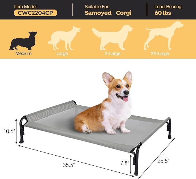 Veehoo Outdoor Elevated Dog Bed, Raised Dog Cot for Small Medium Dogs, Cooling Washable Waterproof Pet Hammock Beds with Slope Headrest, Breathable Mesh and Sturdy Frame, M, Grey, CWC2204