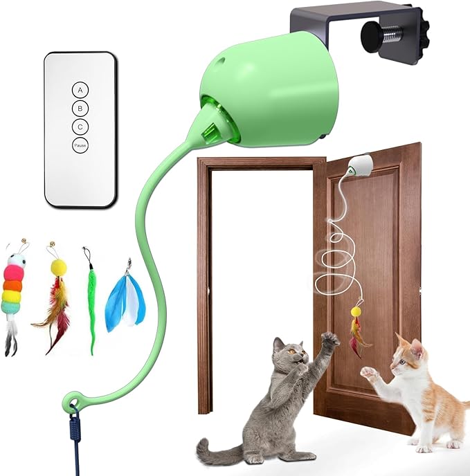 Cat Toys Interactive for Indoor, Cats Toy Hanging Door Electric for Bored,Feather Toy Kitten Rechargeable Door Hanging Automatic String with 4pcs Feather Toys(Green)