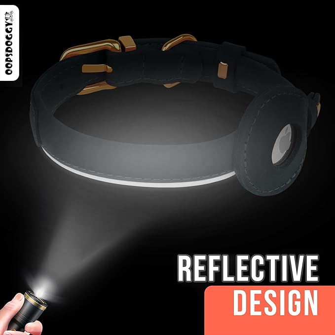 OOPSDOGGY Rolled Leather Dog Collar with Airtag Holder - Reflective Round Airtag Dog Collar - Soft Tracking Pet Collar for Small Dogs Puppy Cats Kitten (Brown, XXS, 7"-9")