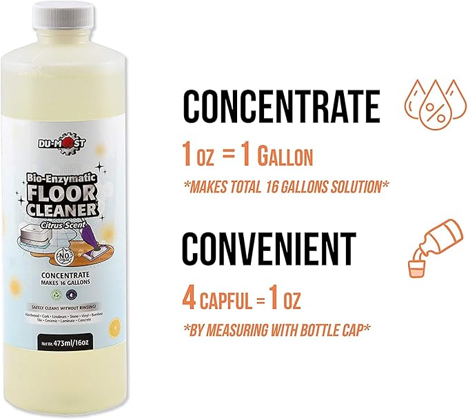 DU-MOST Enzymatic Floor Cleaner Concentrate (1 Oz Makes 1 Gal), No, Streak, No Rinsing, Kids & Pets Safe, Hard Surface Floors, Citrus Scent, 16 Fl Oz