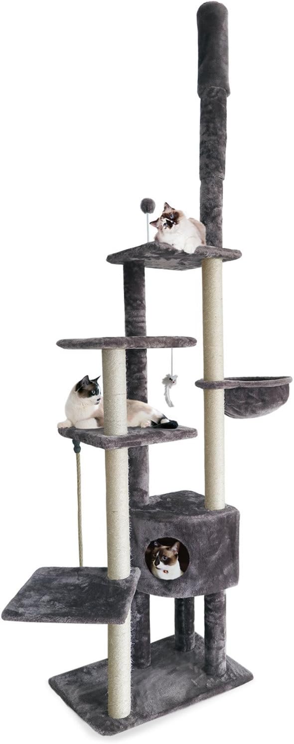 Furhaven 100"-113" Tall Cat Tree for Indoor Cats w/ Adjustable Height, Ft. Sisal Scratching Posts, Condo, & Toys - Tiger Tough Skyscraper Interactive Playground Tower - Gray, One Size
