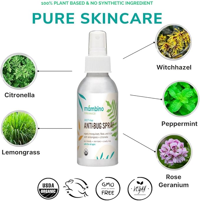 Anti-Bug Spray DEET-Free – Organic, All-Natural Bug Spray Travel Size with Essential Oils – Non-Toxic, Reef Safe, Face-Safe Bug Repellent for Babies, Kids, Adults by Mambino Organics, 4oz