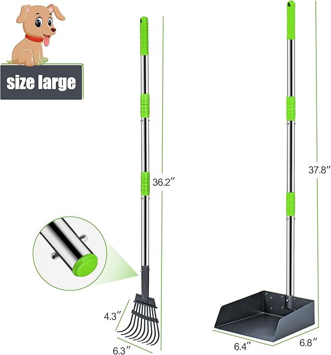 Niubya Pooper Scooper for Dogs, Metal Poop Scooper Tray and Rake Set with Adjustable Long Handle, Dog Pooper Scooper for Pet Waste Removal