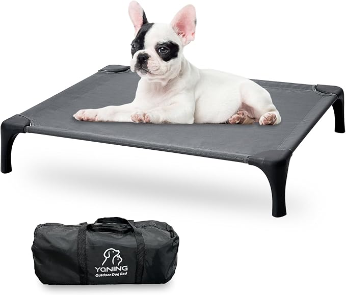 Outdoor Elevated Dog Bed With Portable Bag, Easy to Assemble for Medium Small Dogs, Raised Cot With Pet-Friendly Feet, Breathable Mesh for Camping or Travel, Dark Grey