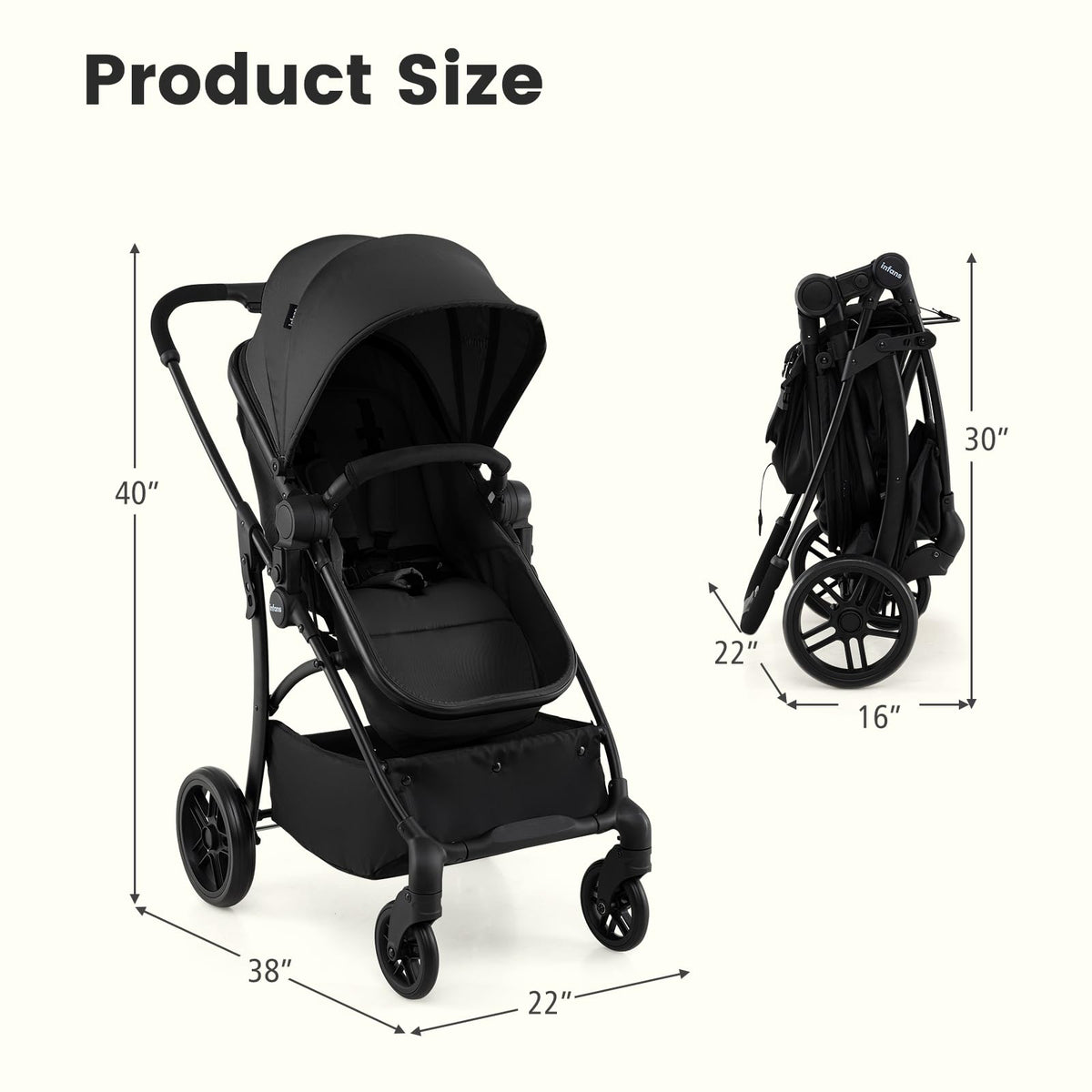 INFANS 2 in 1 Baby Stroller, Convertible Stroller with Bassinet Reversible Seat Adjustable Backrest Canopy One Hand Fold, Compact Toddler Pushchair for Kids Infants Newborns 0-36 Months